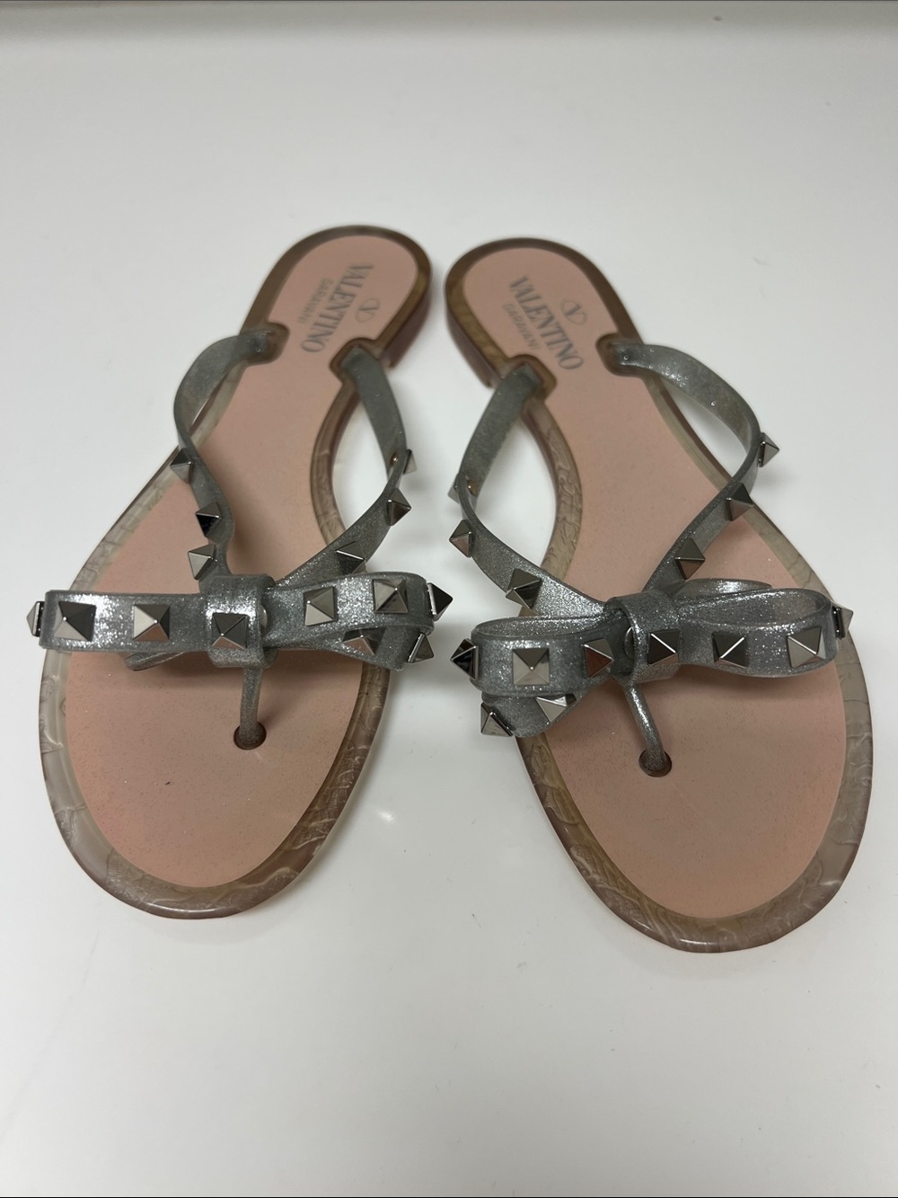 Valentino Silver Pyramid-Stud Bow Sandals